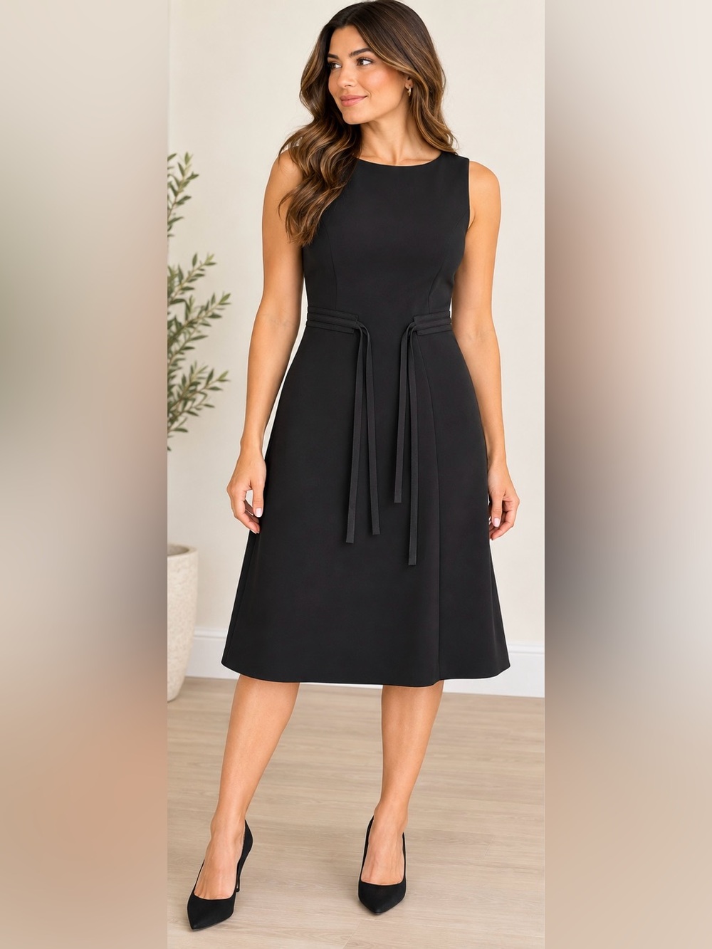 Amanda Smith Black Sleeveless Midi Dress with Waist Ties